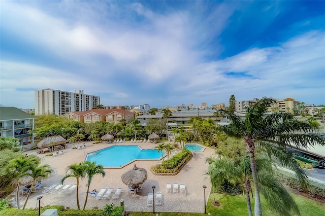 view of swimming pool featuring a patio area