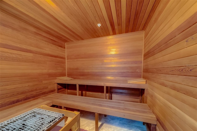 view of sauna / steam room with wood ceiling and wooden walls