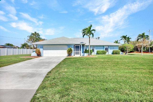 ranch-style home featuring a front yard and a garage