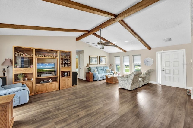 living room featuring vaulted ceiling with beams, a textured ceiling, ceiling fan, and dark hardwood / wood-style flooring