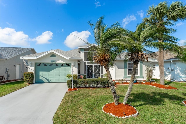 view of front of property with a front yard and a garage