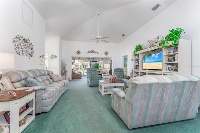 carpeted living room featuring ceiling fan and high vaulted ceiling