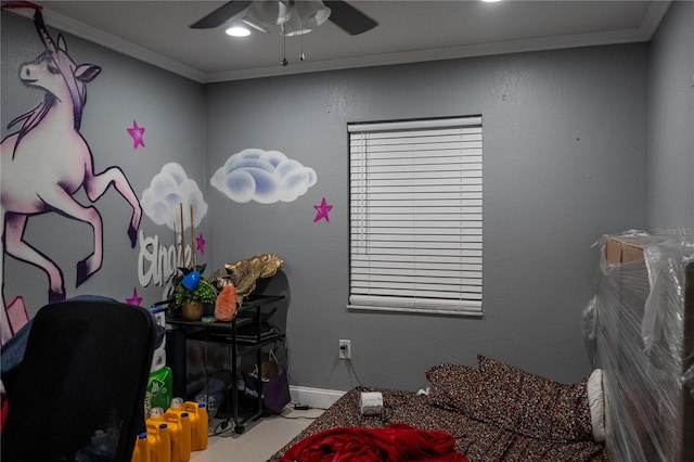 bedroom featuring ornamental molding and ceiling fan