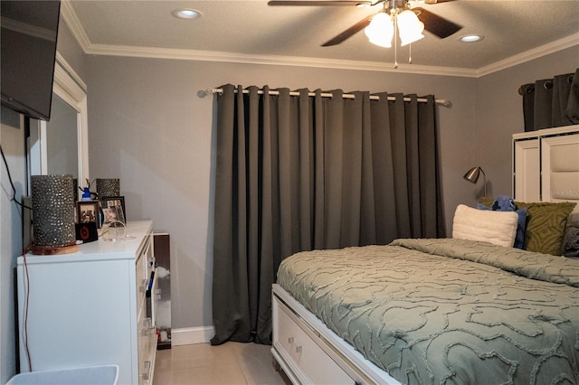 tiled bedroom featuring ceiling fan and ornamental molding