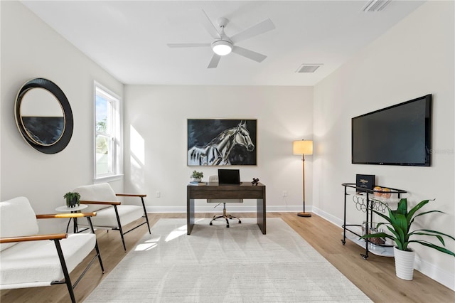 office space featuring light hardwood / wood-style flooring and ceiling fan