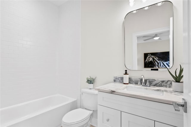 full bathroom featuring vanity, toilet, shower / bathtub combination, and ceiling fan