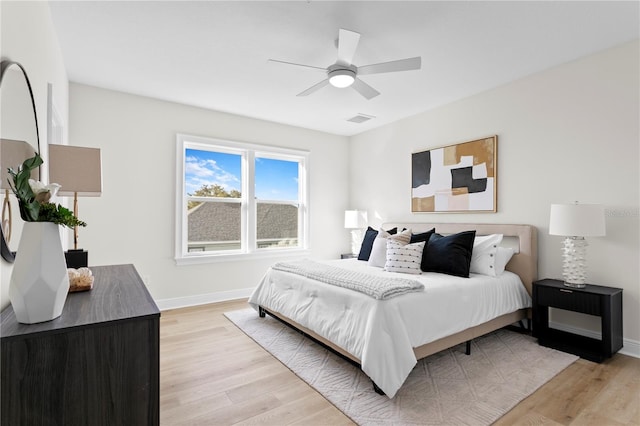 bedroom with ceiling fan and light wood-type flooring