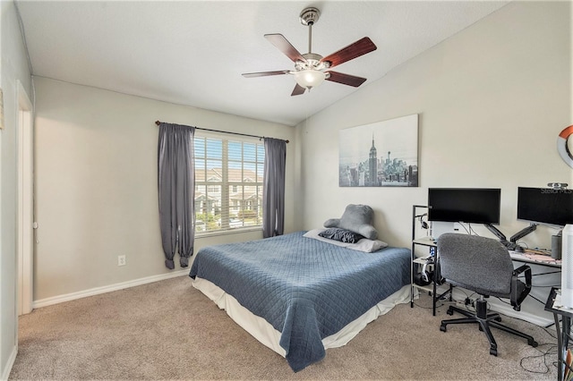 carpeted bedroom featuring ceiling fan and lofted ceiling