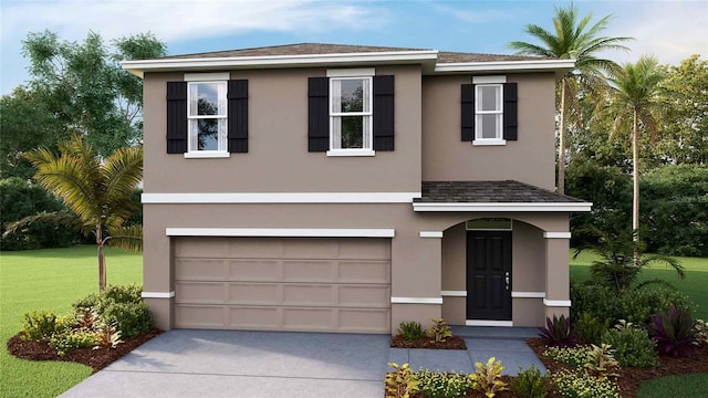 view of front facade featuring a front lawn and a garage