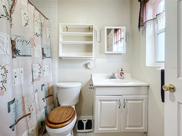 bathroom featuring toilet, vanity, and a shower with shower curtain