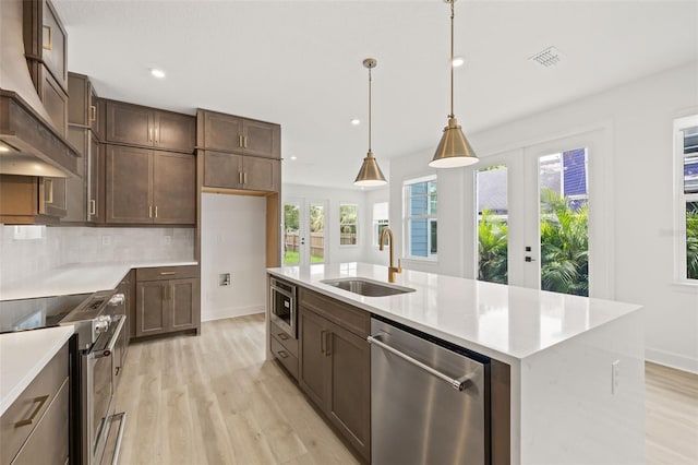 kitchen with backsplash, appliances with stainless steel finishes, a kitchen island with sink, pendant lighting, and sink