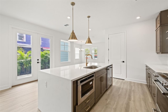 kitchen with light hardwood / wood-style flooring, stainless steel appliances, sink, and a kitchen island with sink