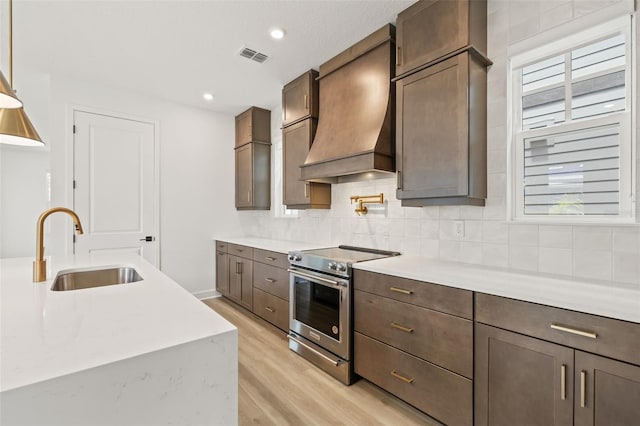 kitchen with a wealth of natural light, sink, premium range hood, and stainless steel electric range