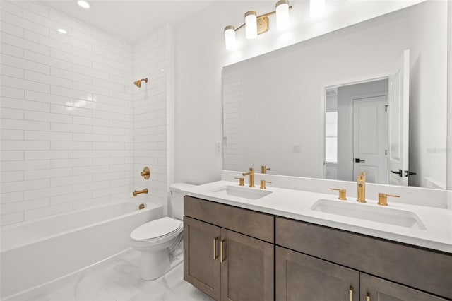 bathroom with a sink, shower / bathtub combination, toilet, and marble finish floor