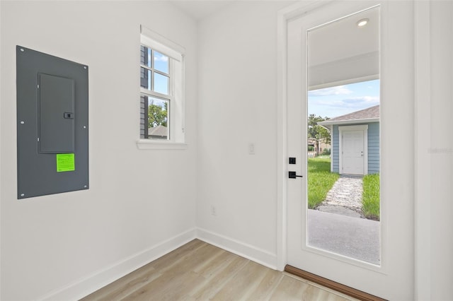 doorway to outside featuring electric panel and light hardwood / wood-style flooring