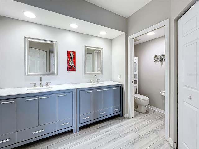 bathroom featuring vanity, wood-type flooring, and toilet