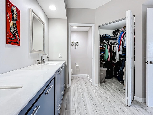 bathroom with vanity, toilet, and hardwood / wood-style flooring