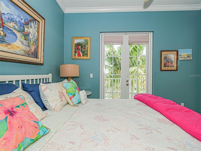 bedroom with french doors, ornamental molding, and access to exterior