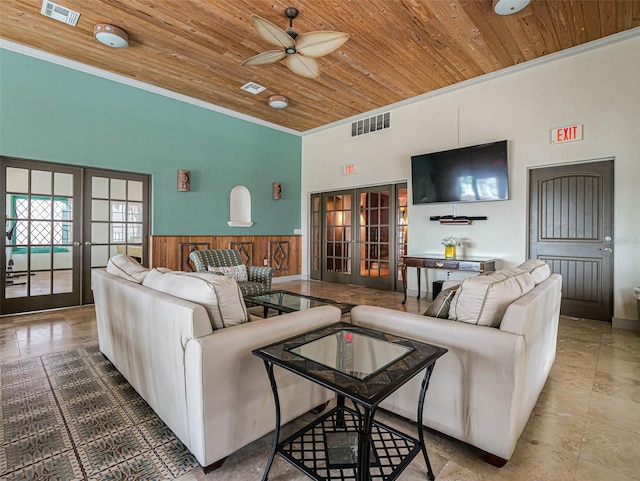 living room with french doors, ceiling fan, wooden ceiling, and ornamental molding