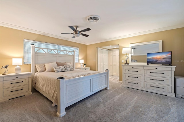 bedroom featuring ceiling fan, carpet, and crown molding