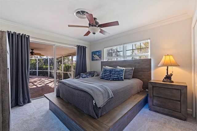 bedroom with ceiling fan, light colored carpet, ornamental molding, and access to outside