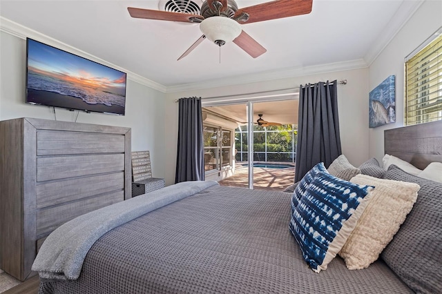 bedroom with ceiling fan, access to exterior, and ornamental molding