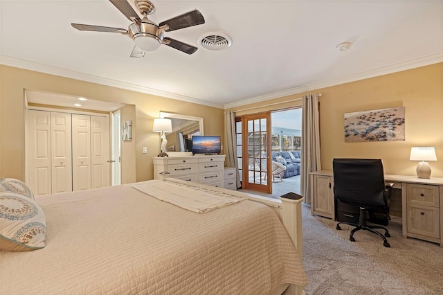 bedroom with light carpet, access to exterior, visible vents, and crown molding