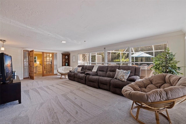 living area with ornamental molding, a wealth of natural light, light carpet, and a textured ceiling