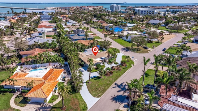 drone / aerial view featuring a water view