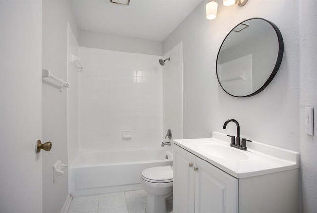 full bathroom with vanity, tiled shower / bath combo, toilet, and tile patterned flooring