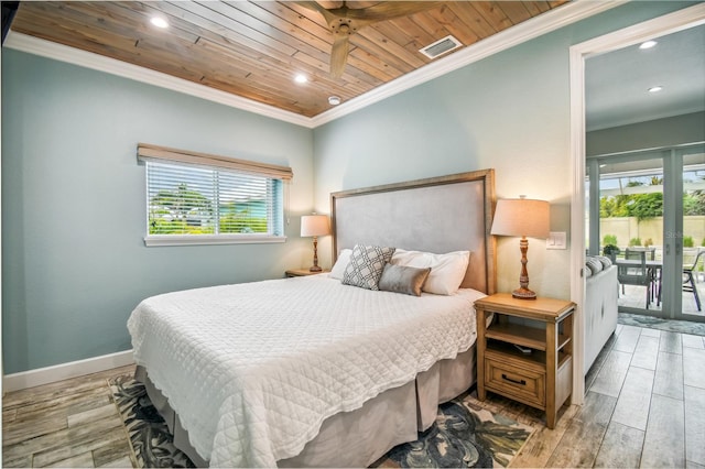 bedroom with wood ceiling, multiple windows, light wood-type flooring, and access to outside