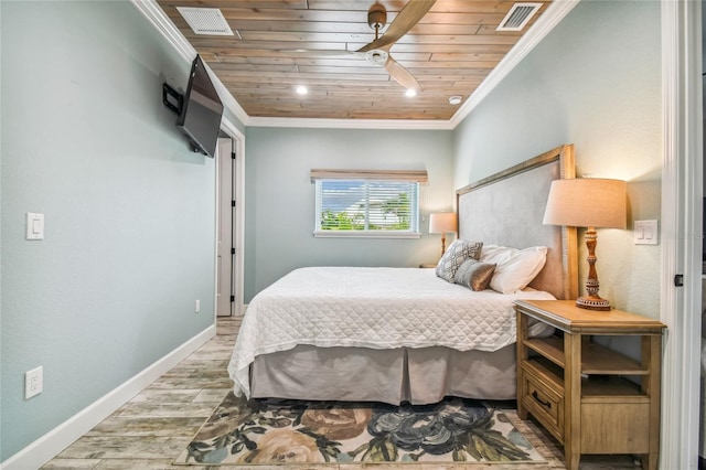 bedroom featuring wooden ceiling, crown molding, light hardwood / wood-style floors, and ceiling fan