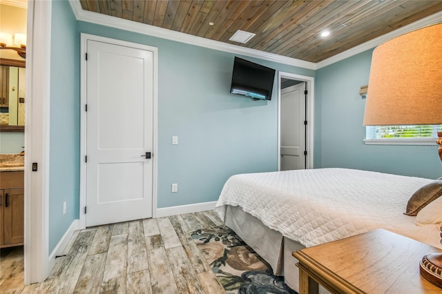 bedroom with light hardwood / wood-style floors, ornamental molding, and wood ceiling