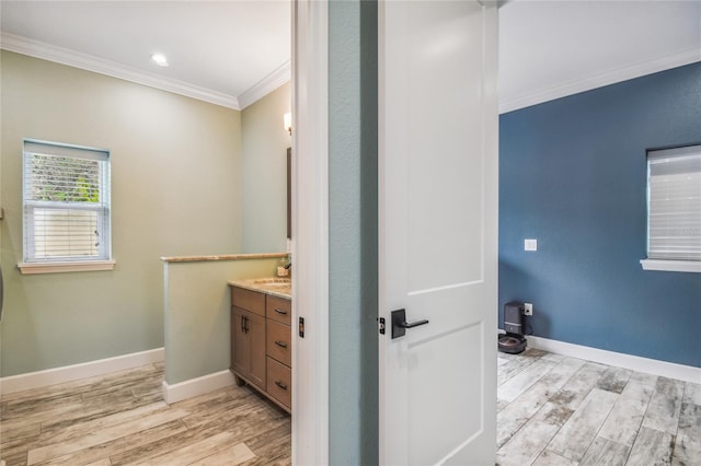 bathroom featuring vanity, ornamental molding, and wood-type flooring