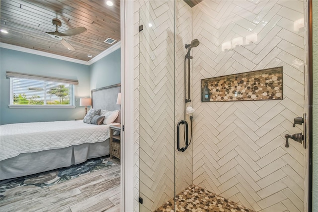 bedroom with ceiling fan, ornamental molding, wood ceiling, and light hardwood / wood-style floors