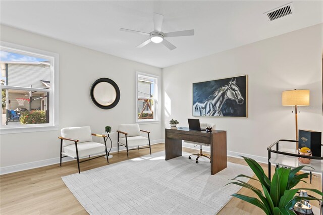 home office with light hardwood / wood-style flooring, plenty of natural light, and ceiling fan