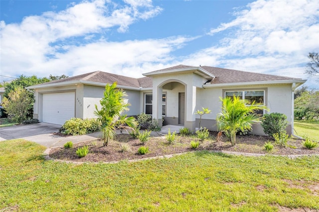 view of front facade with a front yard and a garage