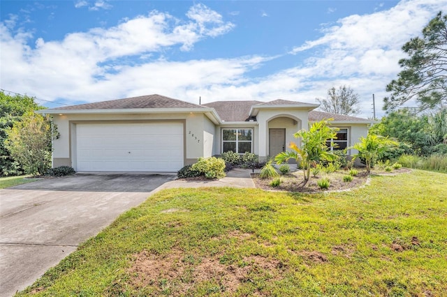 ranch-style house with a front yard and a garage