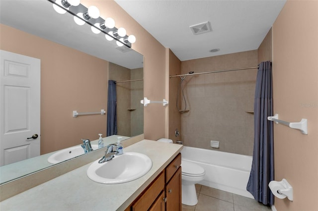 full bathroom with vanity, shower / tub combo, toilet, and tile patterned floors