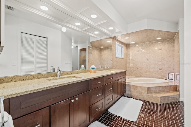 bathroom featuring vanity, coffered ceiling, tile patterned floors, and independent shower and bath