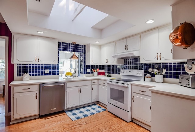 kitchen with white cabinetry, dishwasher, light wood-type flooring, and white range with electric stovetop