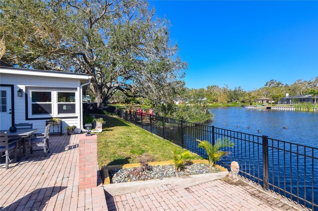 view of patio / terrace featuring a water view