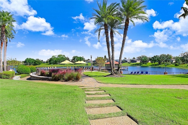 view of property's community featuring a yard and a water view