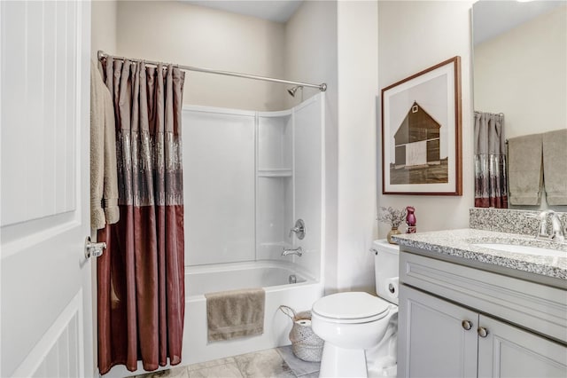 full bathroom with toilet, shower / bath combo with shower curtain, and vanity