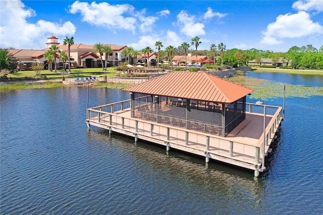 dock area featuring a gazebo and a water view