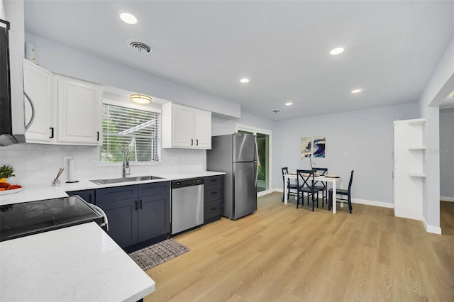 kitchen featuring decorative backsplash, white cabinets, sink, light hardwood / wood-style floors, and stainless steel appliances