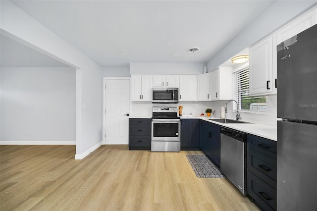 kitchen with backsplash, white cabinetry, light hardwood / wood-style flooring, sink, and stainless steel appliances