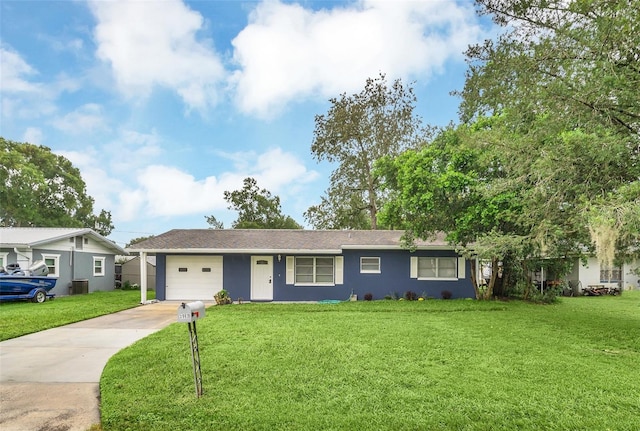 ranch-style home featuring a front yard, a garage, and cooling unit