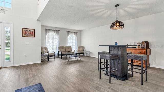 dining space with a textured ceiling and hardwood / wood-style flooring