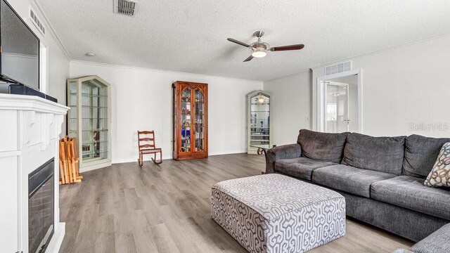 living room featuring ceiling fan, a textured ceiling, ornamental molding, and light wood-type flooring